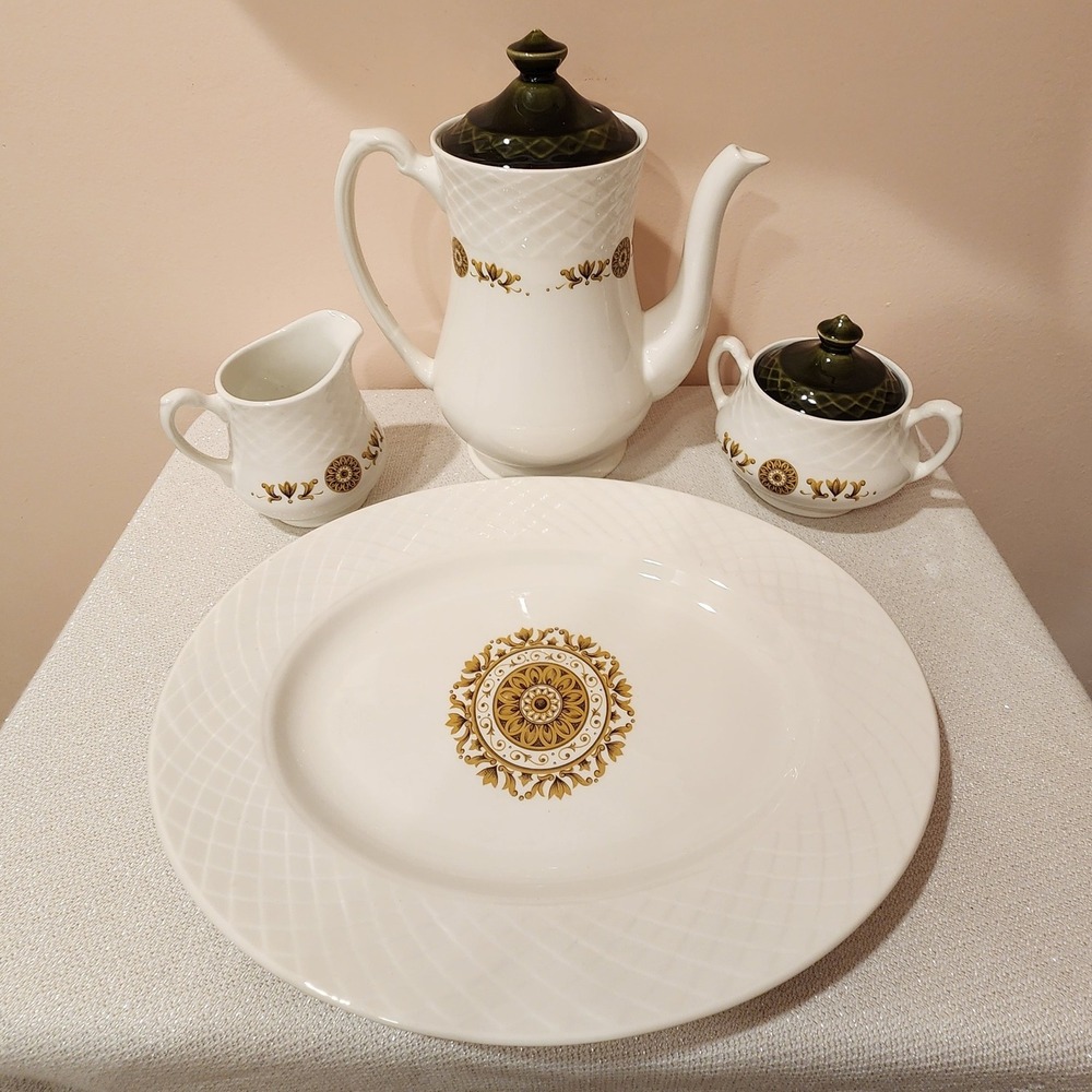 Vintage Ceramic Coffee‎ Set with Creamer, Sugar Bowl, and Serving Platter